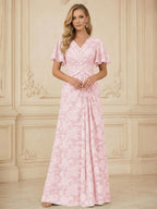 A Line V Neck Short Sleeve Floral Chiffon Ruched Mother of the Bride Dresses (SHI22500248)