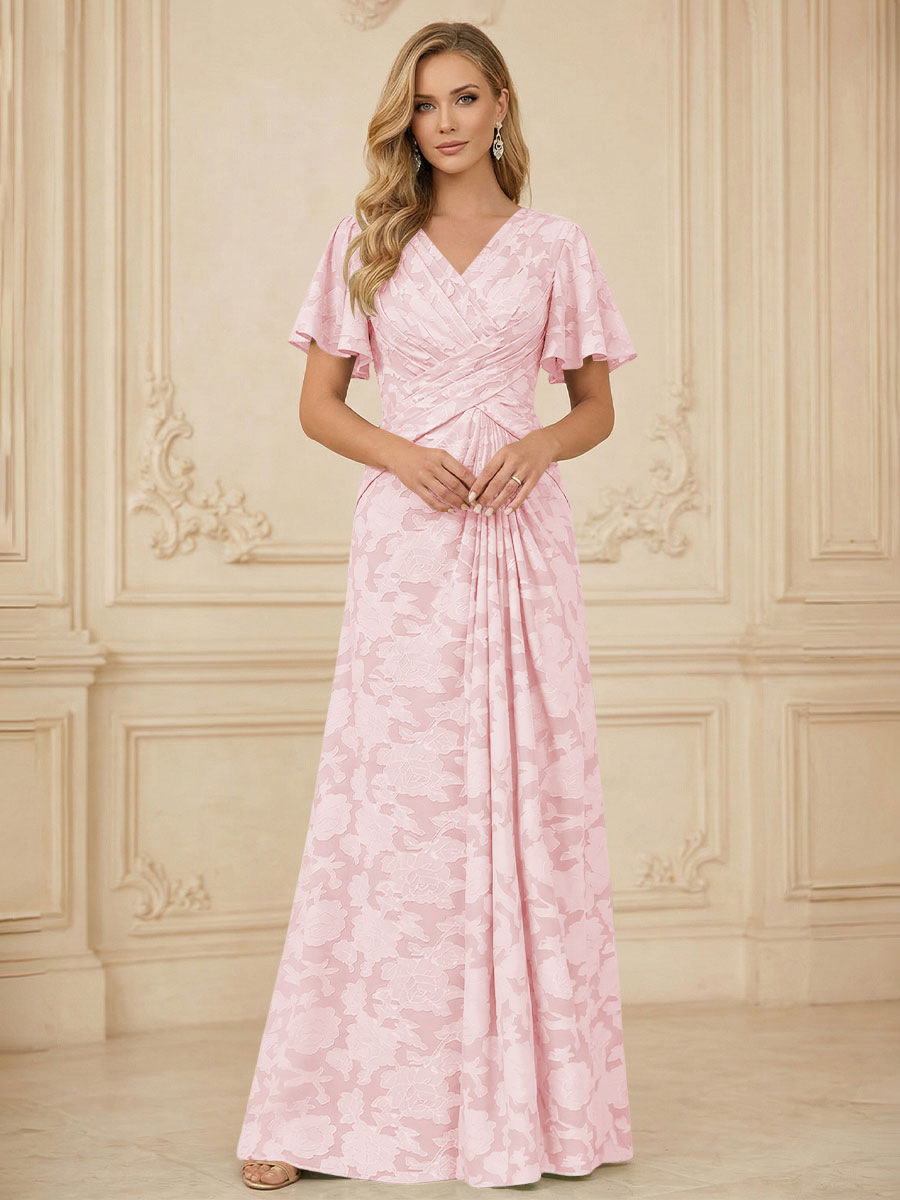 A Line V Neck Short Sleeve Floral Chiffon Ruched Mother of the Bride Dresses (SHI22500248)