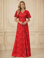 A Line V Neck Short Sleeve Floral Chiffon Ruched Mother of the Bride Dresses (SHI22500248)