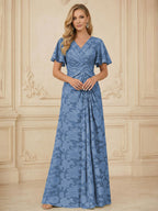 A Line V Neck Short Sleeve Floral Chiffon Ruched Mother of the Bride Dresses (SHI22500248)