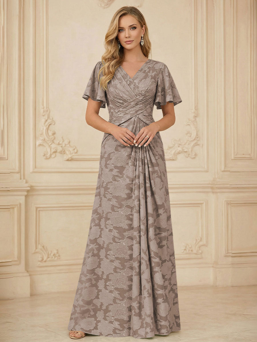 A Line V Neck Short Sleeve Floral Chiffon Ruched Mother of the Bride Dresses (SHI22500248)