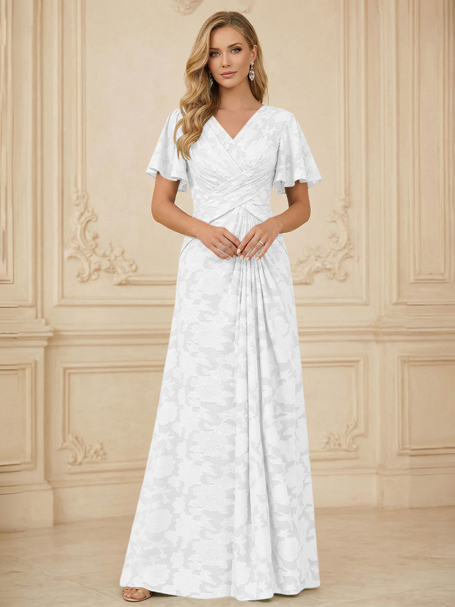 A Line V Neck Short Sleeve Floral Chiffon Ruched Mother of the Bride Dresses (SHI22500248)