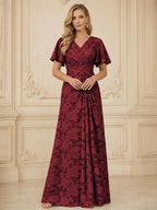 A Line V Neck Short Sleeve Floral Chiffon Ruched Mother of the Bride Dresses (SHI22500248)