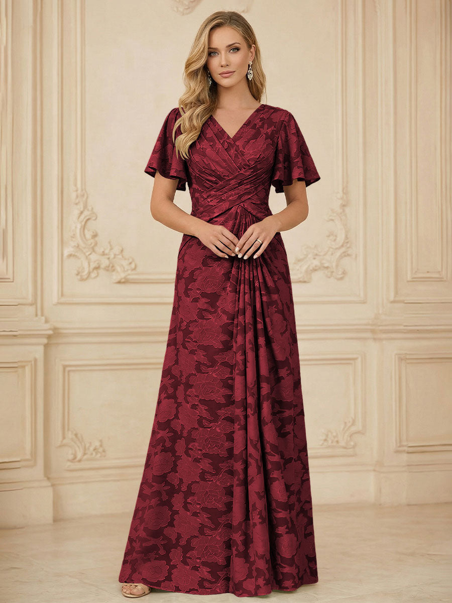 A Line V Neck Short Sleeve Floral Chiffon Ruched Mother of the Bride Dresses (SHI22500248)
