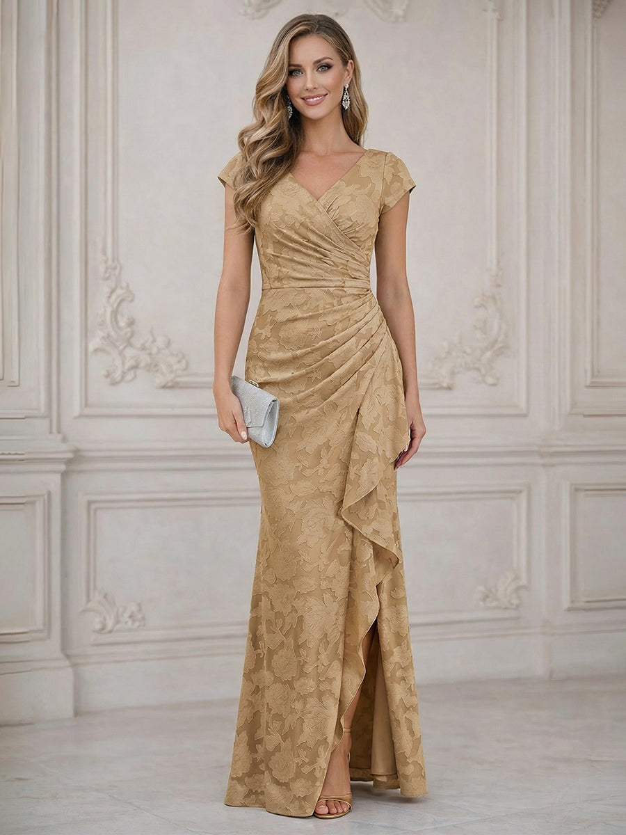 Mermaid Short Sleeve Floor Length Ruffled Mother of the Bride Dresses with Split Side (SHI22500250)