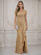 Mermaid Chic V Neck Long Flying Sleeve Floor-Length Mother of the Bride Dresses Party Gown with Flower (SHI22500229)