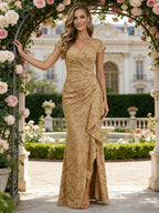 Mermaid Short Sleeve Floor Length Ruffled Mother of the Bride Dresses with Split Side (SHI22500250)