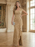 Mermaid Short Sleeve Floor Length Ruffled Mother of the Bride Dresses with Split Side (SHI22500250)