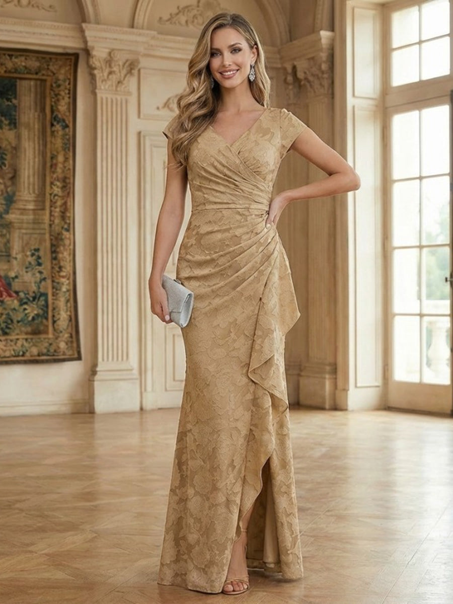 Mermaid Short Sleeve Floor Length Ruffled Mother of the Bride Dresses with Split Side (SHI22500250)