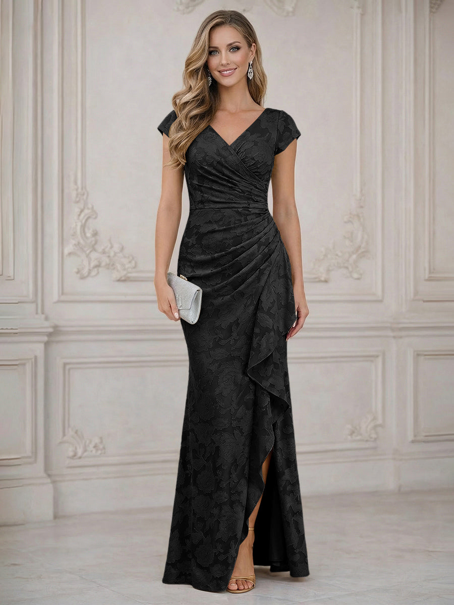 Mermaid Short Sleeve Floor Length Ruffled Mother of the Bride Dresses with Split Side (SHI22500250)