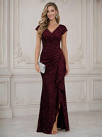 Mermaid Short Sleeve Floor Length Ruffled Mother of the Bride Dresses with Split Side (SHI22500250)