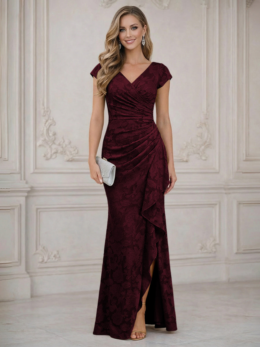 Mermaid Short Sleeve Floor Length Ruffled Mother of the Bride Dresses with Split Side (SHI22500250)