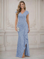 Mermaid Short Sleeve Floor Length Ruffled Mother of the Bride Dresses with Split Side (SHI22500250)