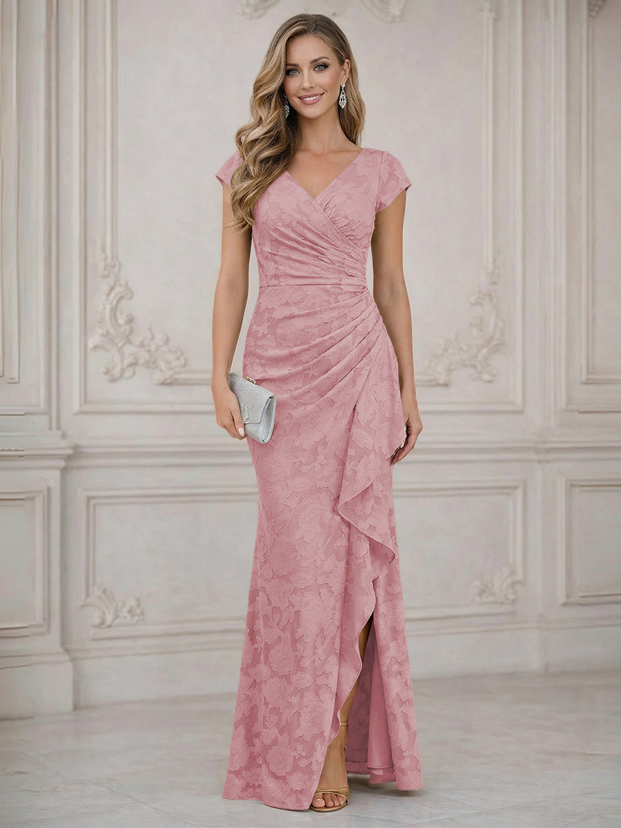 Mermaid Short Sleeve Floor Length Ruffled Mother of the Bride Dresses with Split Side (SHI22500250)