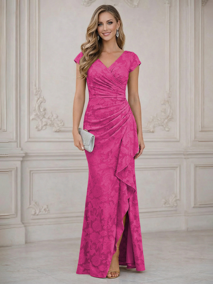 Mermaid Short Sleeve Floor Length Ruffled Mother of the Bride Dresses with Split Side (SHI22500250)