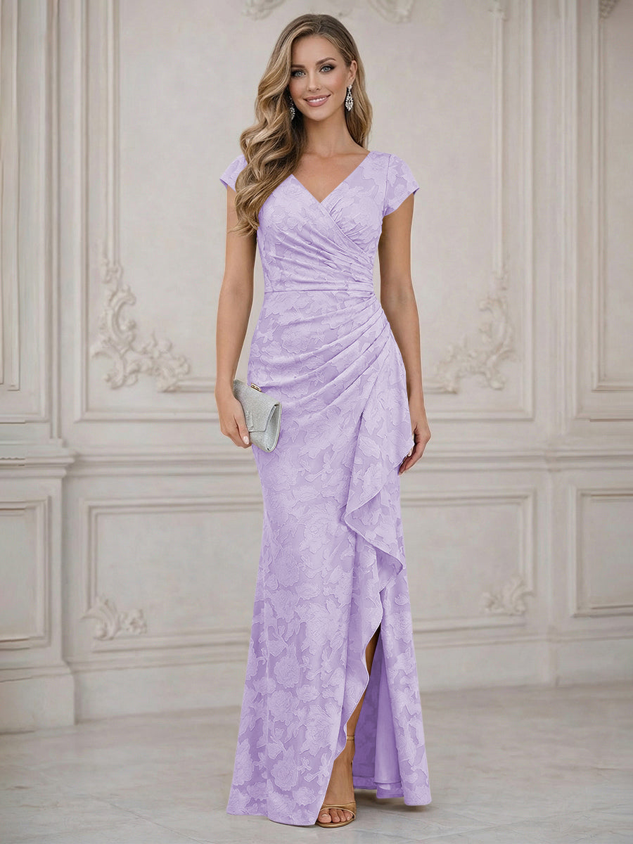 Mermaid Short Sleeve Floor Length Ruffled Mother of the Bride Dresses with Split Side (SHI22500250)