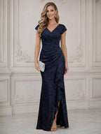 Mermaid Short Sleeve Floor Length Ruffled Mother of the Bride Dresses with Split Side (SHI22500250)