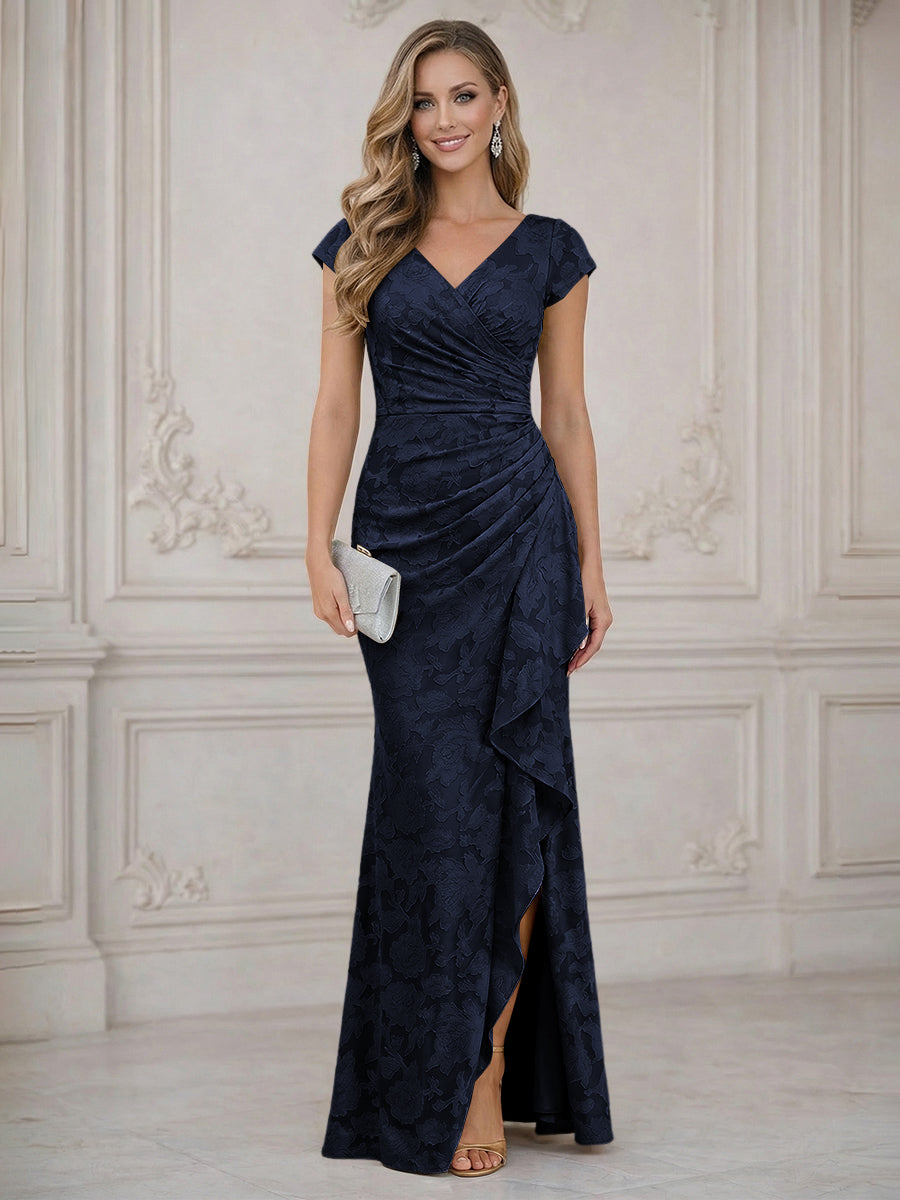 Mermaid Short Sleeve Floor Length Ruffled Mother of the Bride Dresses with Split Side (SHI22500250)