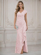 Mermaid Short Sleeve Floor Length Ruffled Mother of the Bride Dresses with Split Side (SHI22500250)
