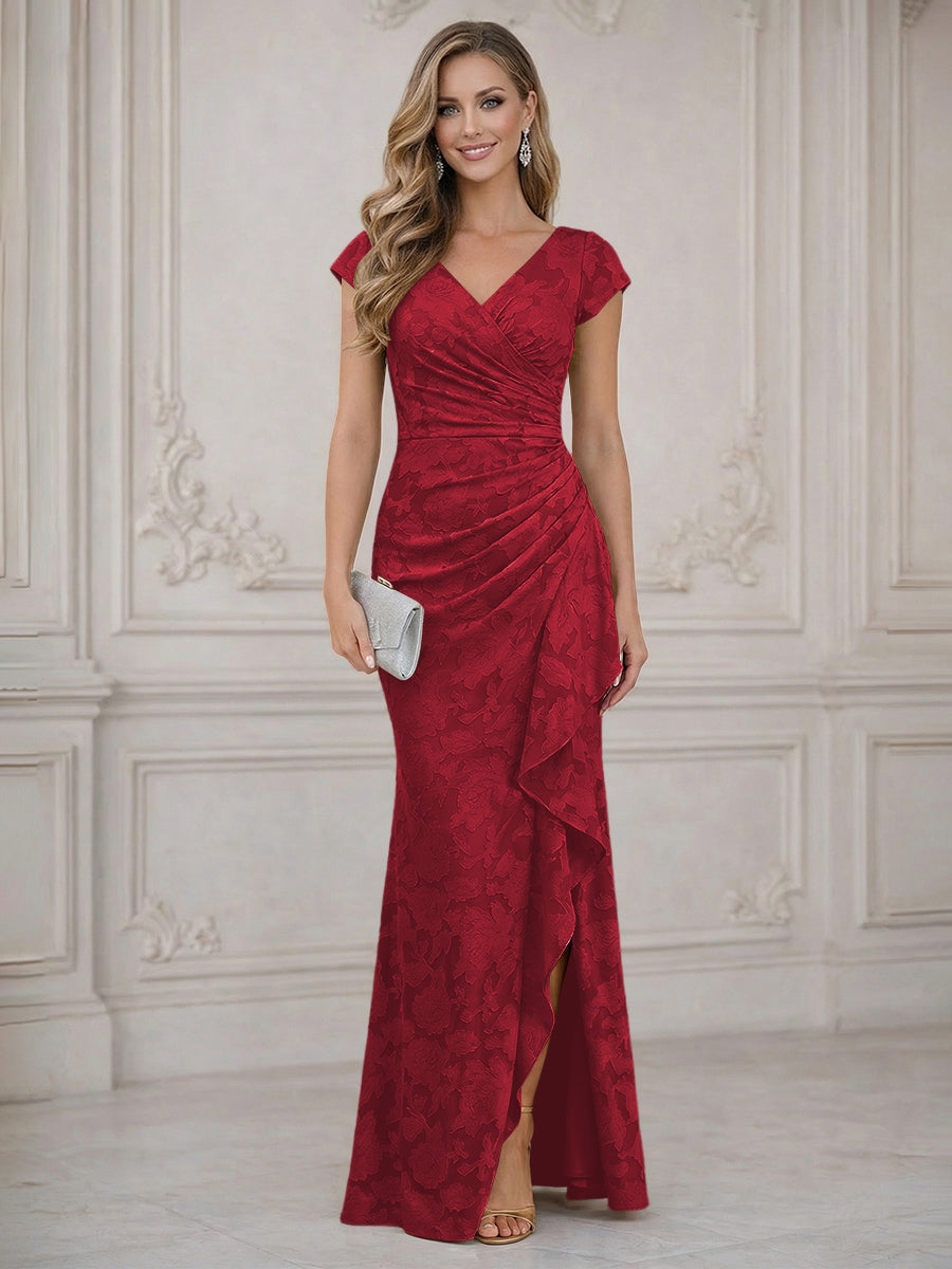 Mermaid Short Sleeve Floor Length Ruffled Mother of the Bride Dresses with Split Side (SHI22500250)