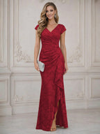 Mermaid Short Sleeve Floor Length Ruffled Mother of the Bride Dresses with Split Side (SHI22500250)