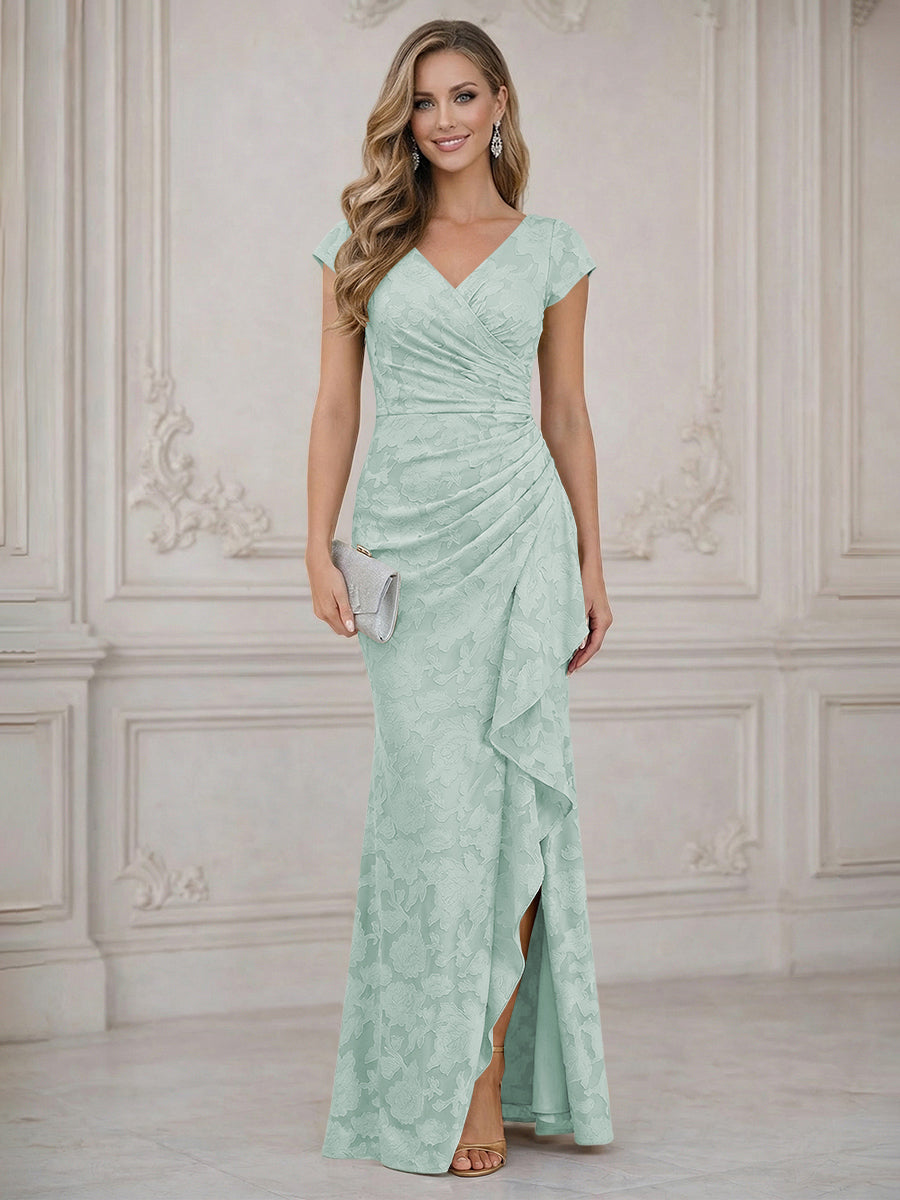 Mermaid Short Sleeve Floor Length Ruffled Mother of the Bride Dresses with Split Side (SHI22500250)