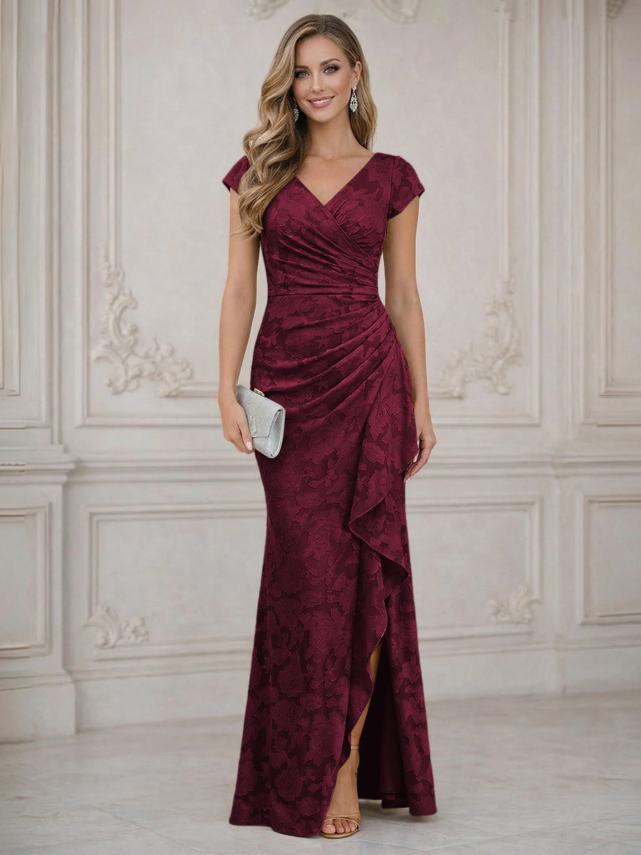 Mermaid Short Sleeve Floor Length Ruffled Mother of the Bride Dresses with Split Side (SHI22500250)