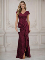 Mermaid Short Sleeve Floor Length Ruffled Mother of the Bride Dresses with Split Side (SHI22500250)