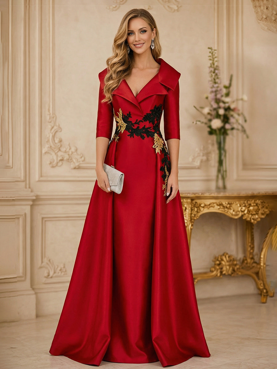 A Line 3/4 Sleeve Stand Collar with V-Neck Floor Length Mother of the Bride Dresses (SHI22500299)