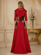 A Line 3/4 Sleeve Stand Collar with V-Neck Floor Length Mother of the Bride Dresses (SHI22500299)