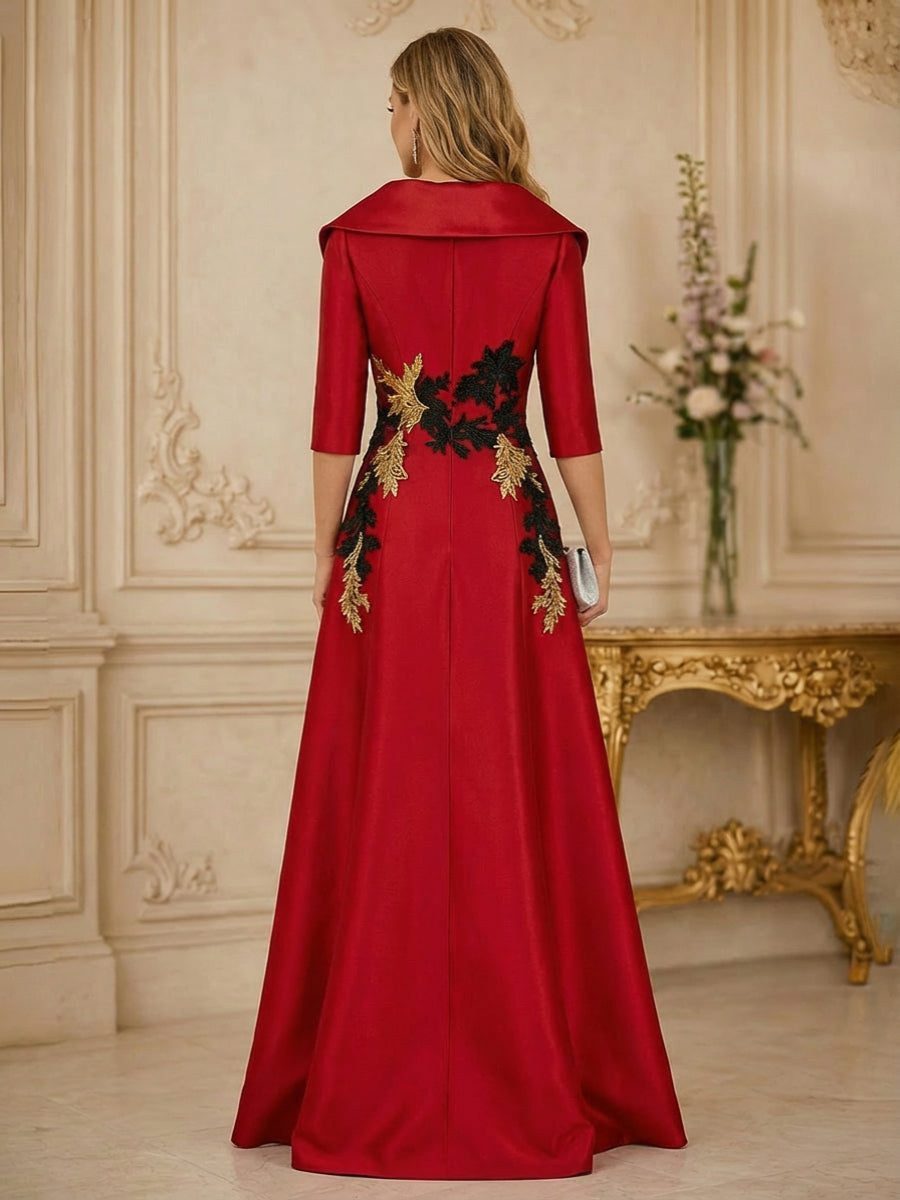 A Line 3/4 Sleeve Stand Collar with V-Neck Floor Length Mother of the Bride Dresses (SHI22500299)