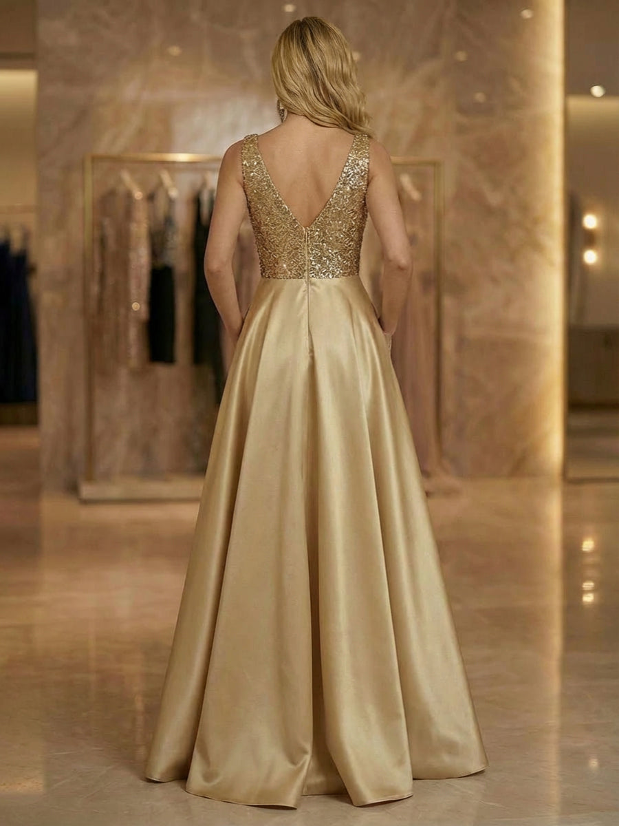 A Line V Neck Short Sleeve Sequined Elegant Mother of the Bride Dresses with Pleats (SHI22500199)