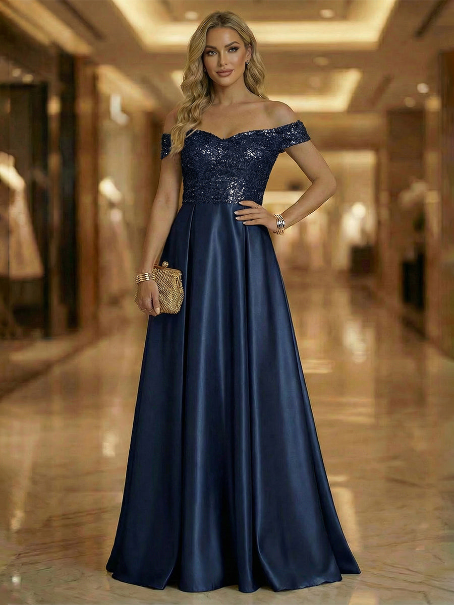 Off Shoulder Lace Appliques Sequins Mother of the Bride Dresses with Ruffles (SHI22500548)