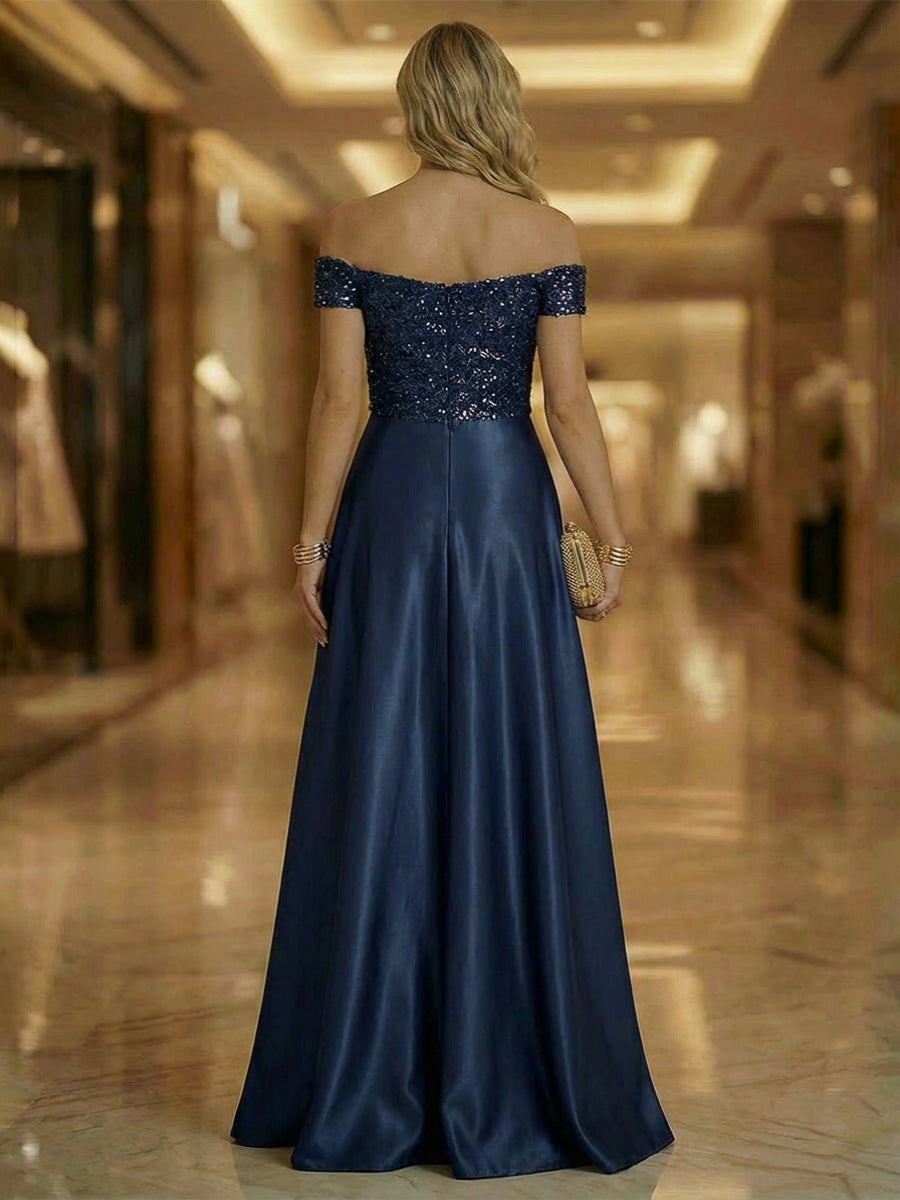 Off Shoulder Lace Appliques Sequins Mother of the Bride Dresses with Ruffles (SHI22500548)