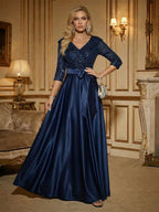 Sequin Floral A-Line/Princess V-Neck Floor-Length Mother of the Bride & Groom Dresses with 3D Flowers & Pleats (SHI22501350)
