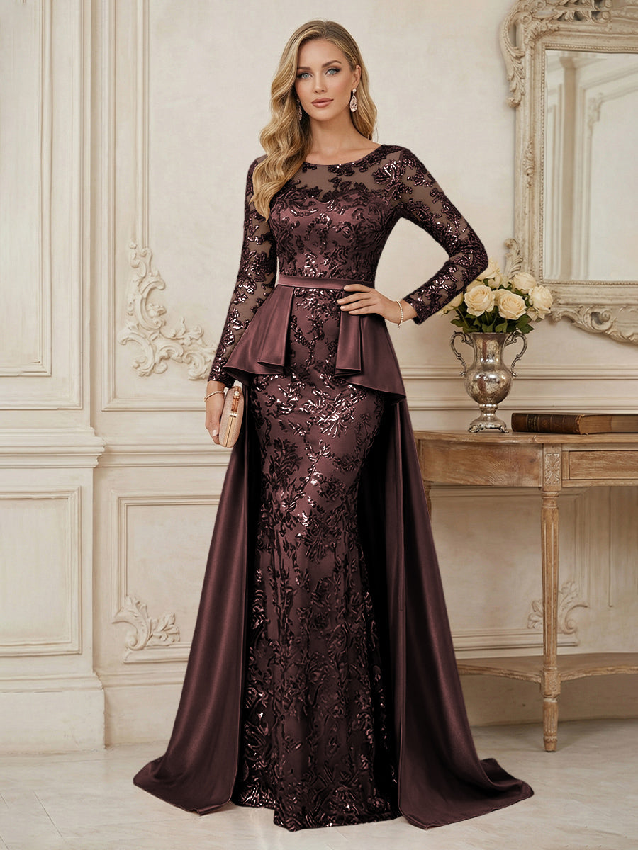 Mermaid Scoop Long Sleeve Floor Length Mother of the Bride Dresses with Peplum & Appliques (SHI22500269)