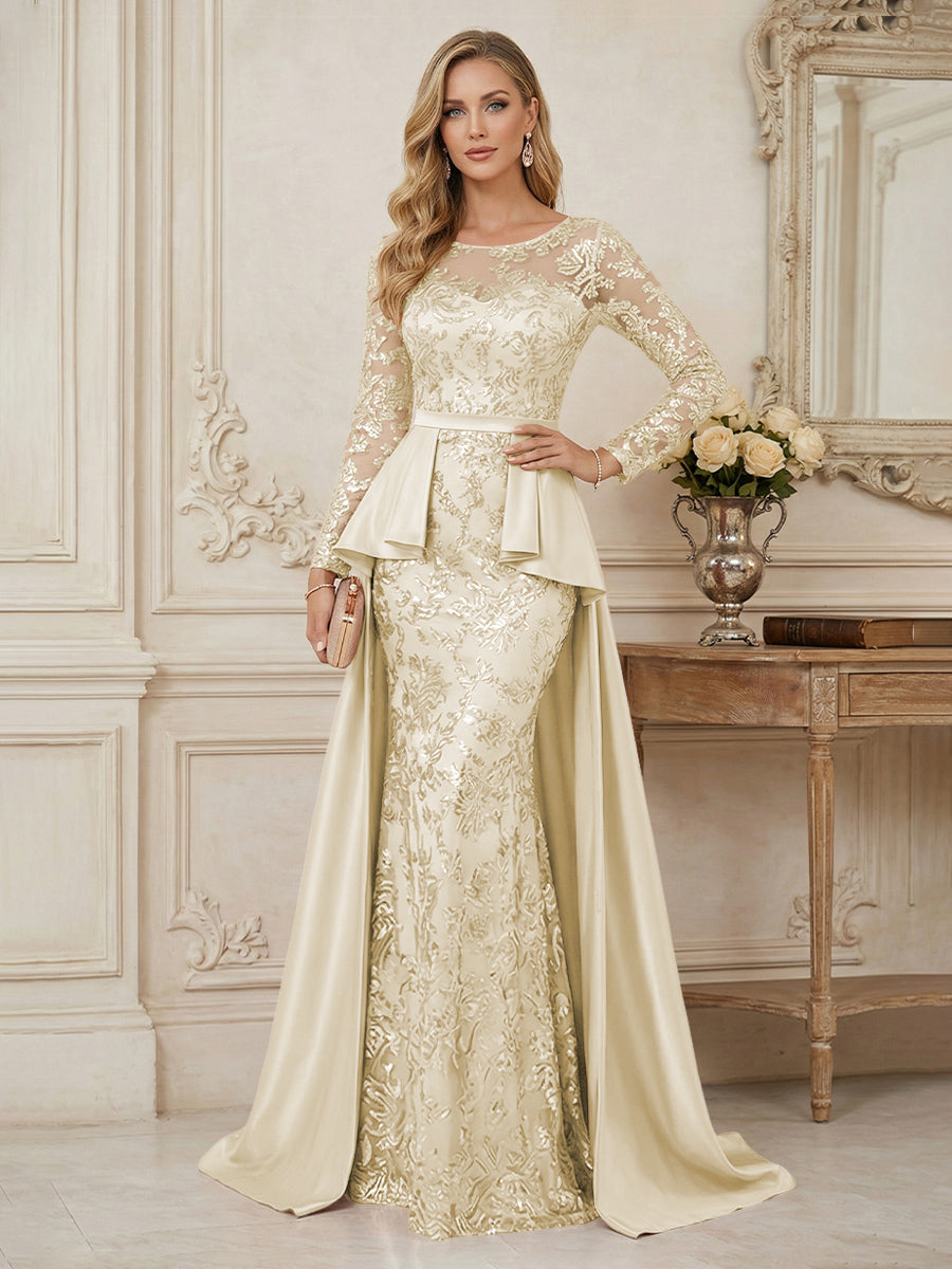 Mermaid Scoop Long Sleeve Floor Length Mother of the Bride Dresses with Peplum & Appliques (SHI22500269)