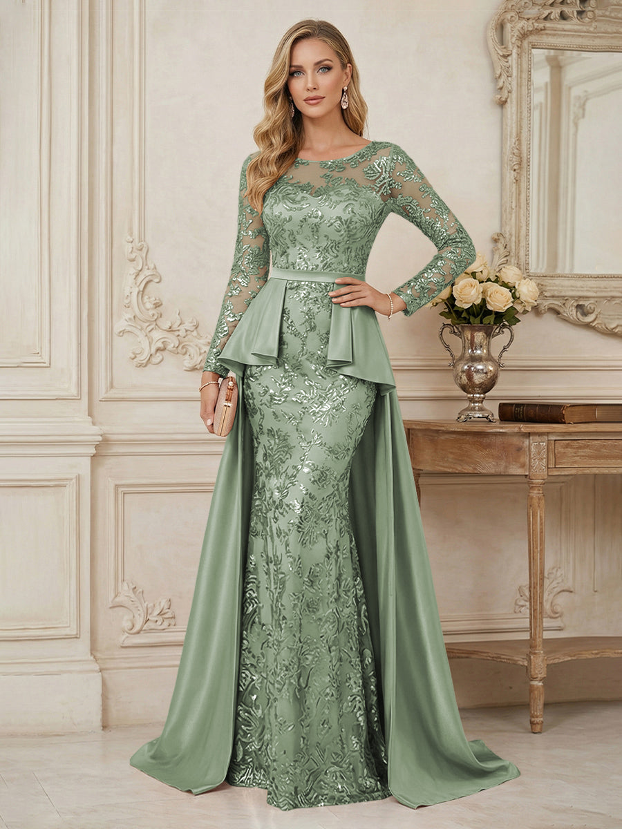 Mermaid Scoop Long Sleeve Floor Length Mother of the Bride Dresses with Peplum & Appliques (SHI22500269)