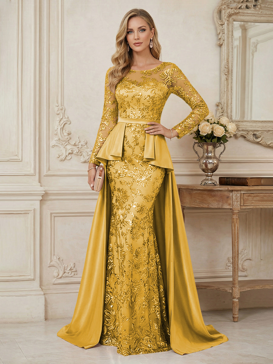Mermaid Scoop Long Sleeve Floor Length Mother of the Bride Dresses with Peplum & Appliques (SHI22500269)