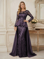 Mermaid Scoop Long Sleeve Floor Length Mother of the Bride Dresses with Peplum & Appliques (SHI22500269)