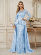 Mermaid Scoop Long Sleeve Floor Length Mother of the Bride Dresses with Peplum & Appliques (SHI22500269)