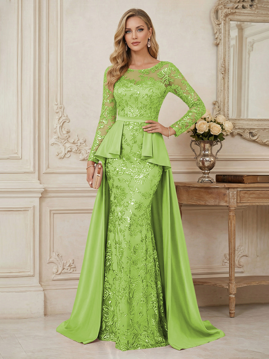 Mermaid Scoop Long Sleeve Floor Length Mother of the Bride Dresses with Peplum & Appliques (SHI22500269)