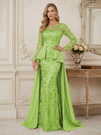 Mermaid Scoop Long Sleeve Floor Length Mother of the Bride Dresses with Peplum & Appliques (SHI22500269)