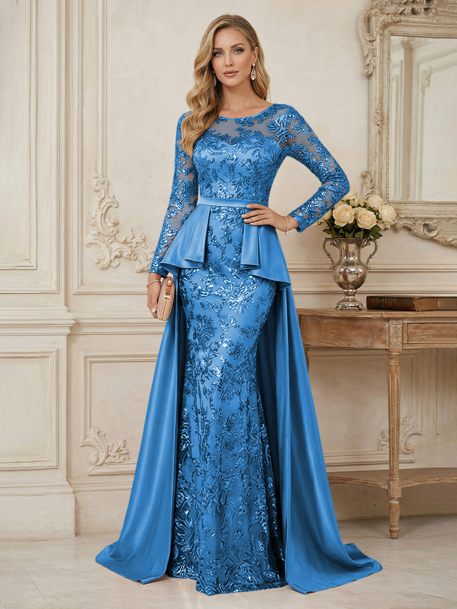 Mermaid Scoop Long Sleeve Floor Length Mother of the Bride Dresses with Peplum & Appliques (SHI22500269)