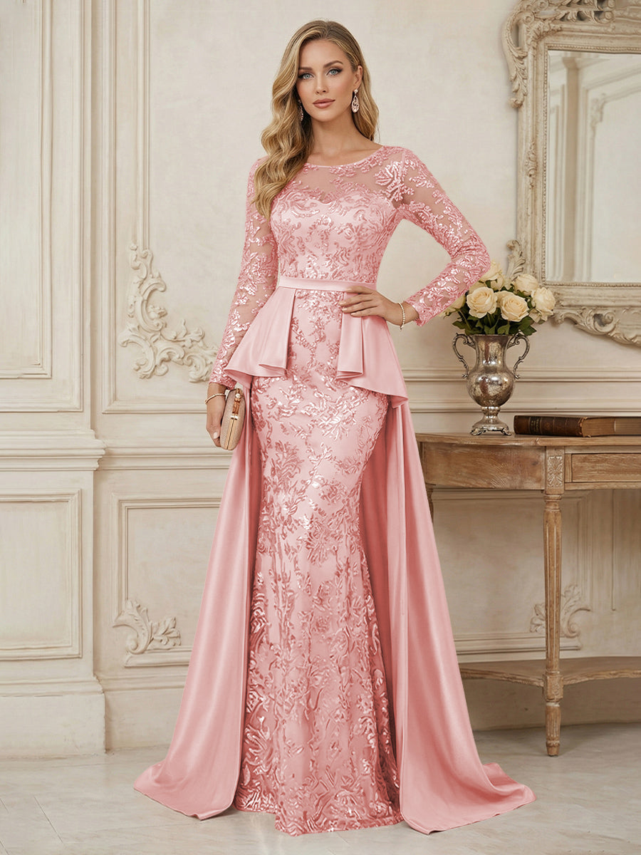 Mermaid Scoop Long Sleeve Floor Length Mother of the Bride Dresses with Peplum & Appliques (SHI22500269)