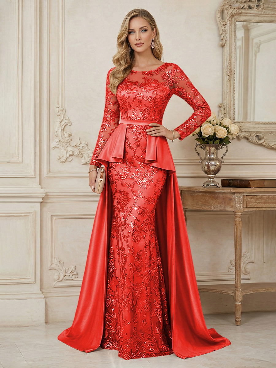 Mermaid Scoop Long Sleeve Floor Length Mother of the Bride Dresses with Peplum & Appliques (SHI22500269)