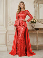 Mermaid Scoop Long Sleeve Floor Length Mother of the Bride Dresses with Peplum & Appliques (SHI22500269)