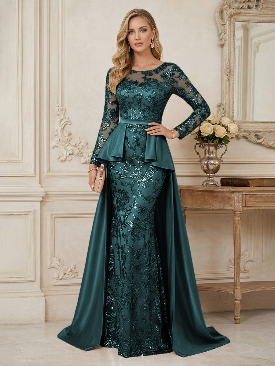 Mermaid Scoop Long Sleeve Floor Length Mother of the Bride Dresses with Peplum & Appliques (SHI22500269)