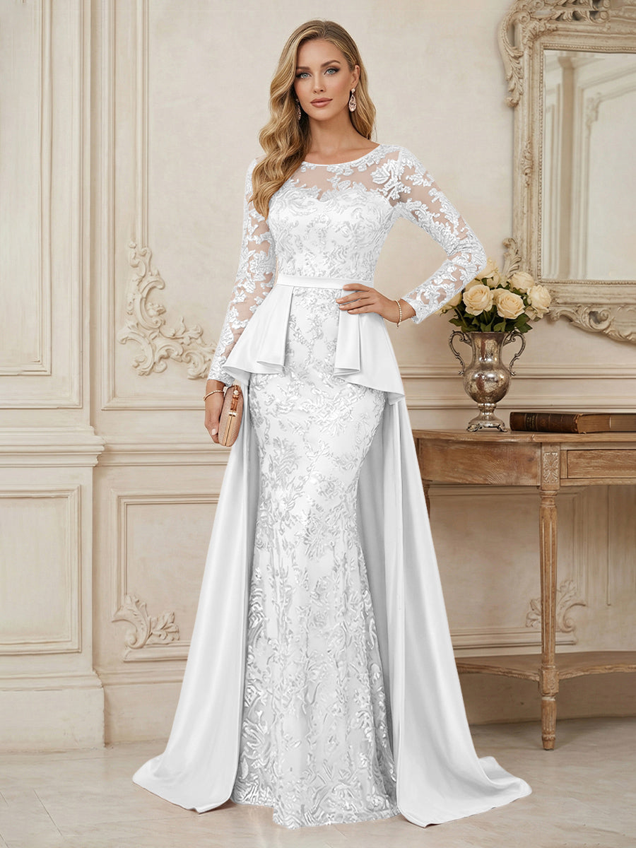 Mermaid Scoop Long Sleeve Floor Length Mother of the Bride Dresses with Peplum & Appliques (SHI22500269)