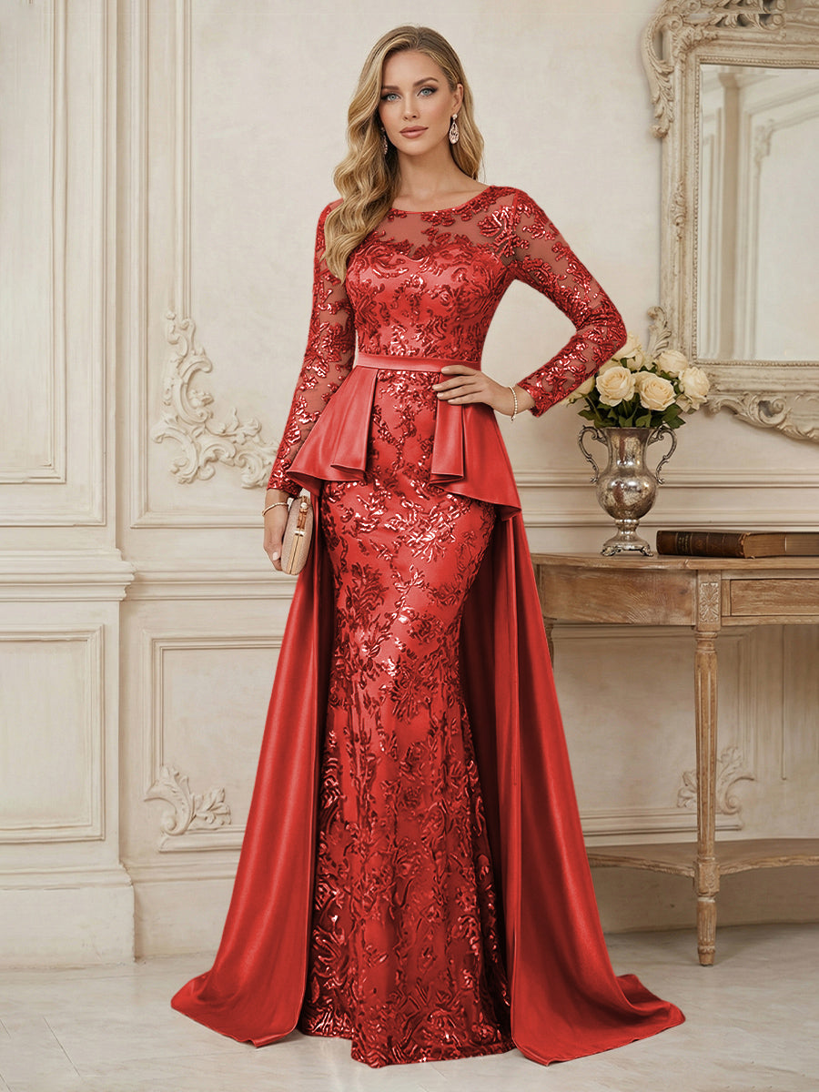 Mermaid Scoop Long Sleeve Floor Length Mother of the Bride Dresses with Peplum & Appliques (SHI22500269)